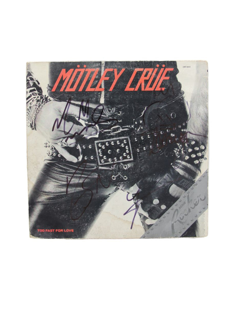 Disco vinyl firmado o autografiado por la banda Mötley Crüe álbum "Too Fast for Love"